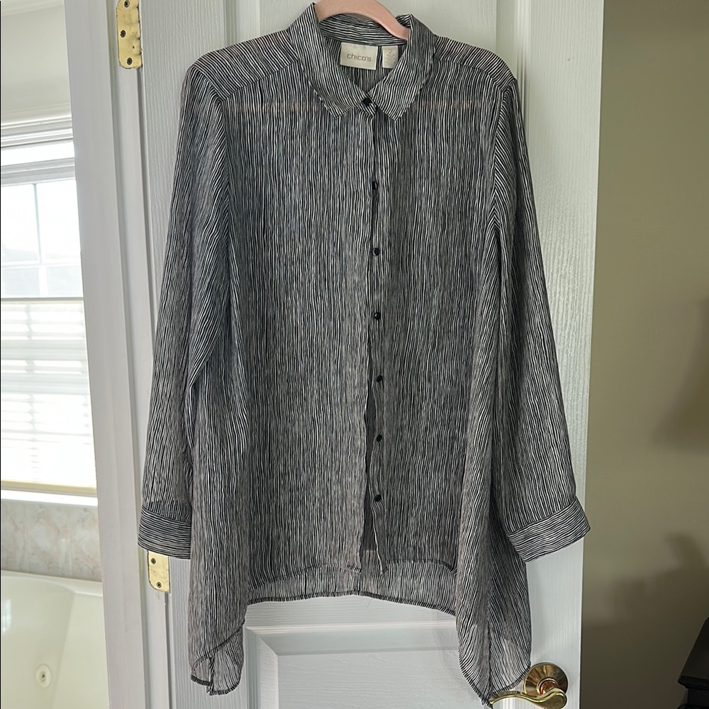 Chico's Black and White Chiffon Blouse with Asymmetrical Hem
